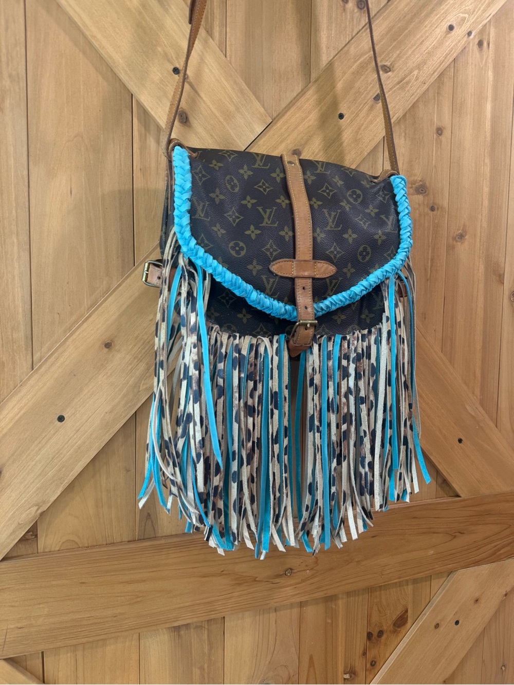 Louis Vuitton Saumur 30 Crossbody with Turquoise Trim and Leopard Fringe